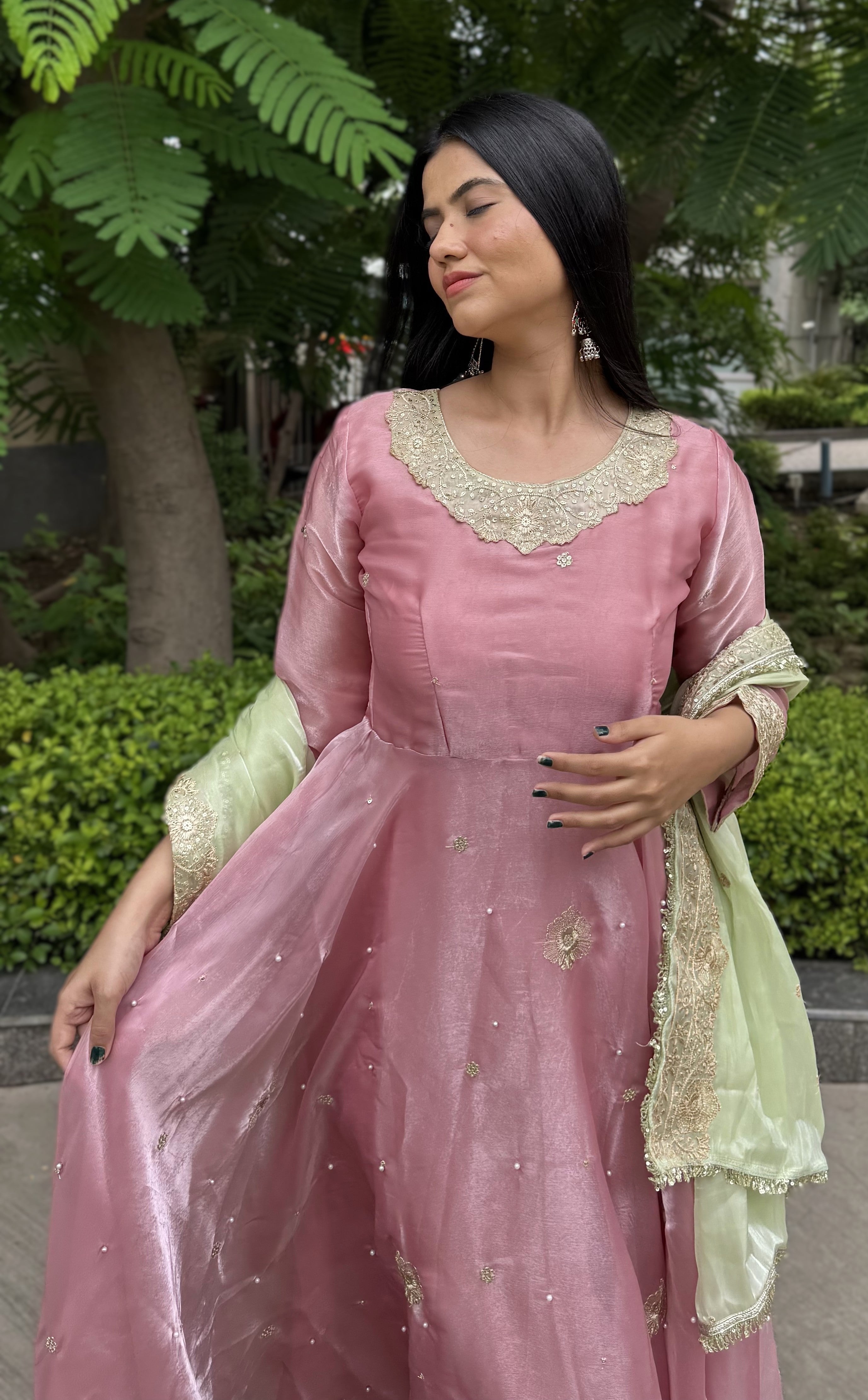 kammo cotton pink silk and green anarkali