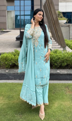 kammo women blue mirrorwork suit set